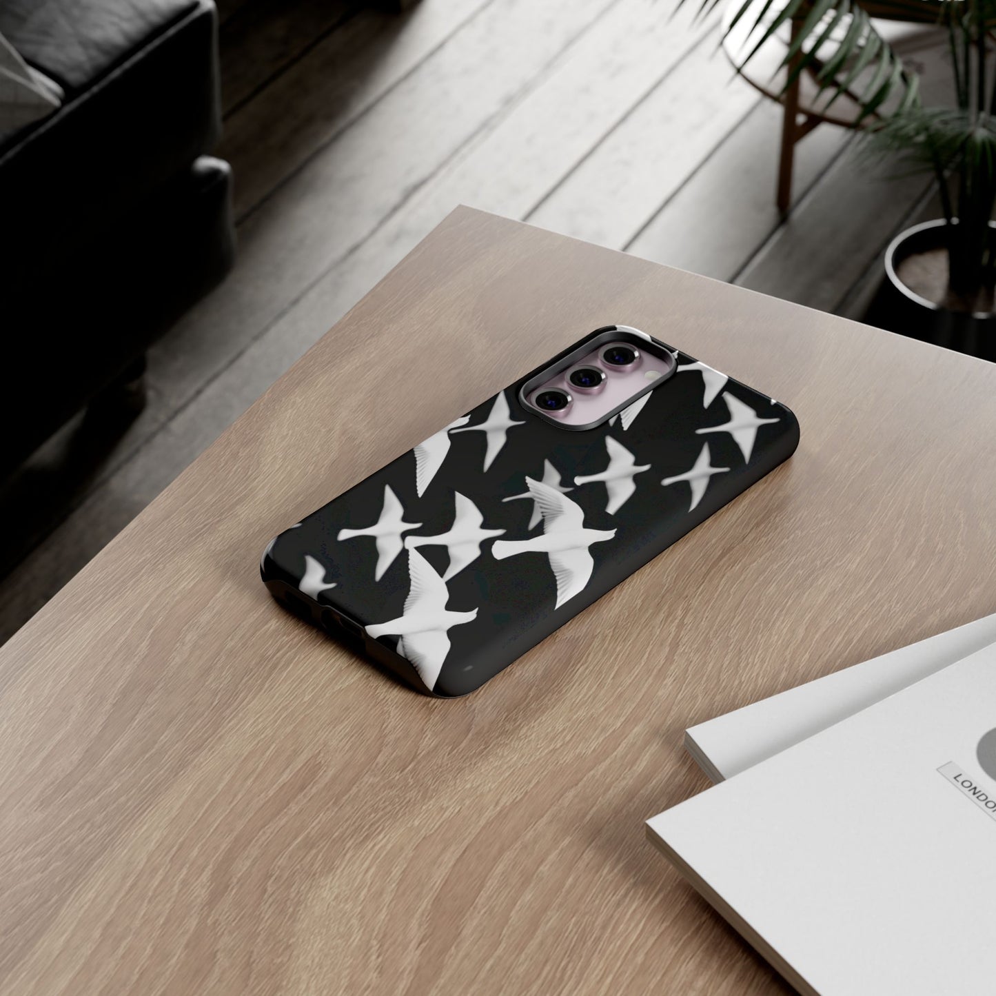 Smith & Raven | Flock of Seagulls Tough Case | Black w/White Bird Pattern | Phone Case