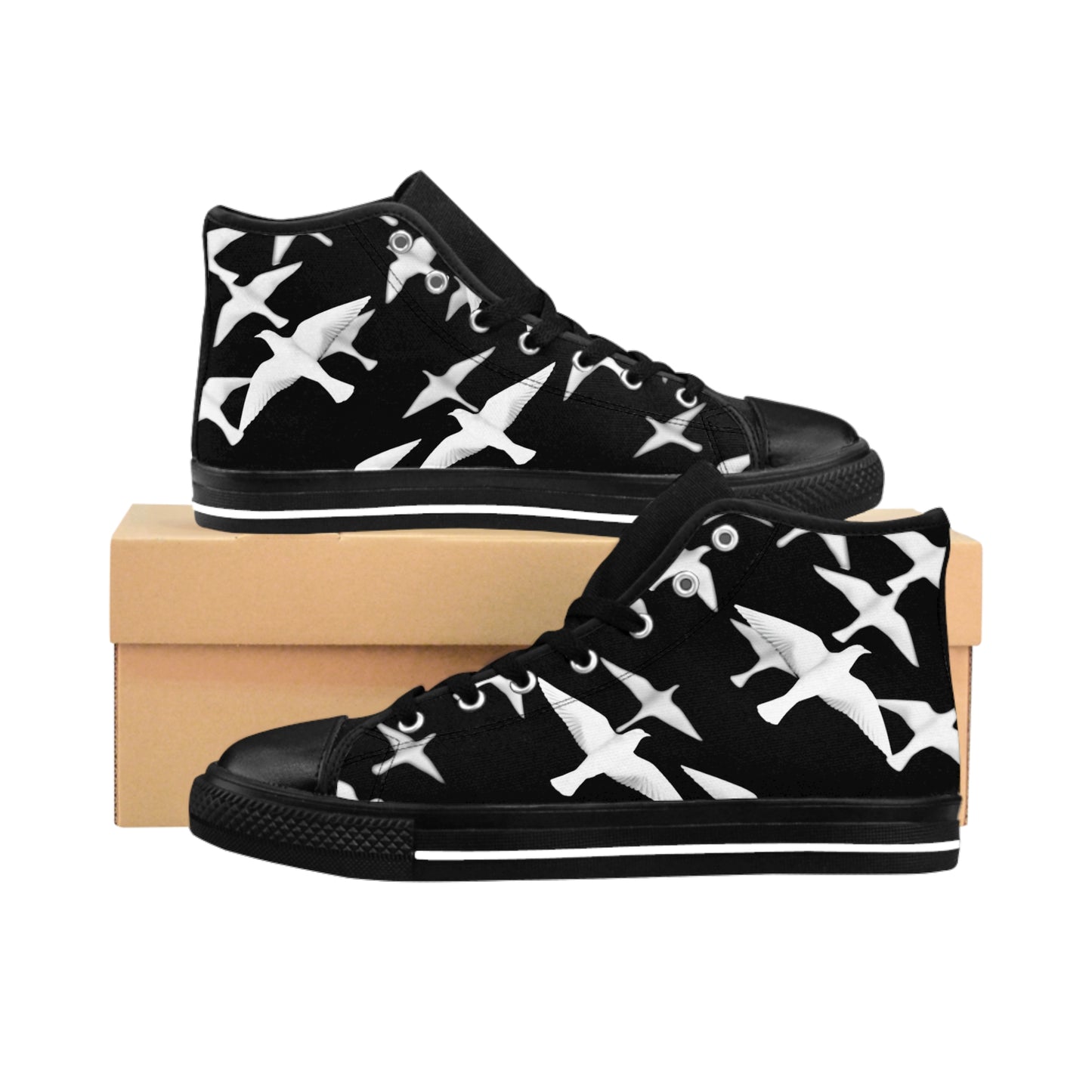 Smith & Raven | Flock of Seagulls Men's Classic Sneakers | Black w/White Bird Print