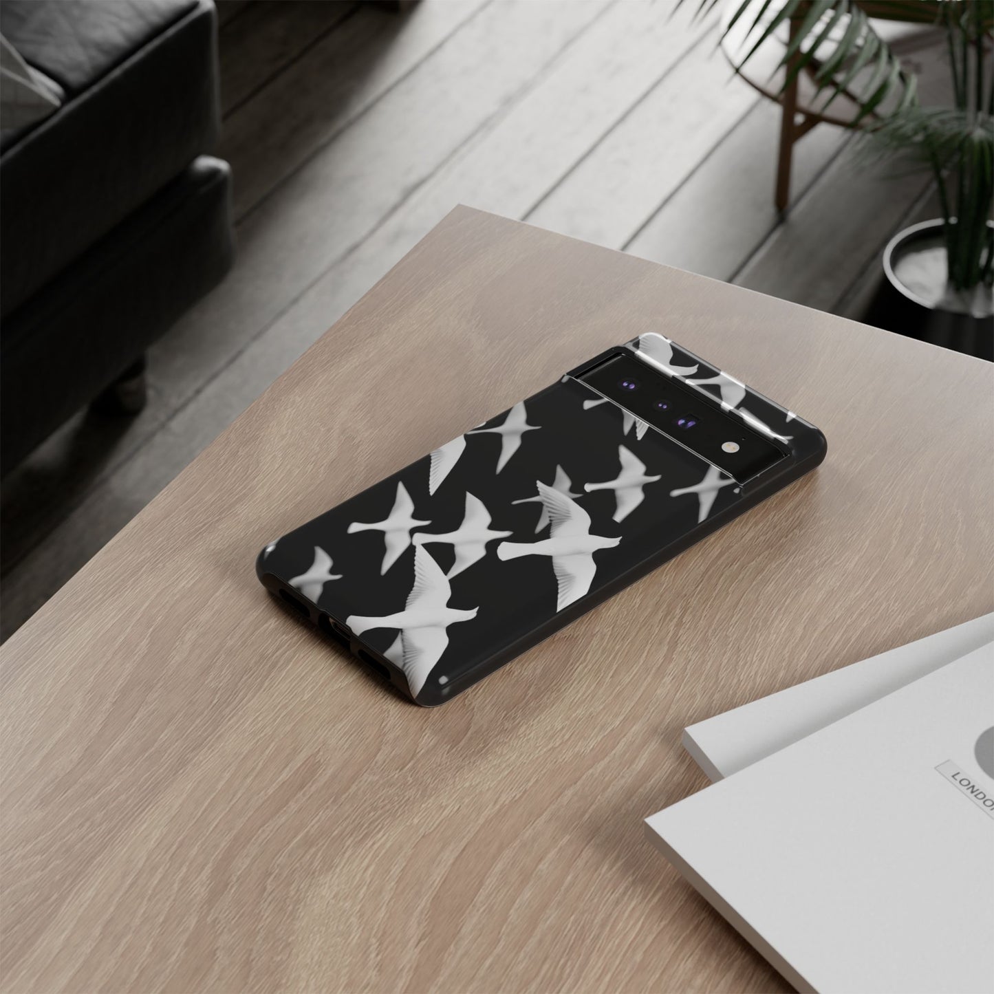 Smith & Raven | Flock of Seagulls Tough Case | Black w/White Bird Pattern | Phone Case