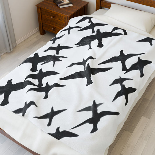 Smith & Raven | Flock of Seagulls | Velveteen Plush Blanket | White w/Black Birds