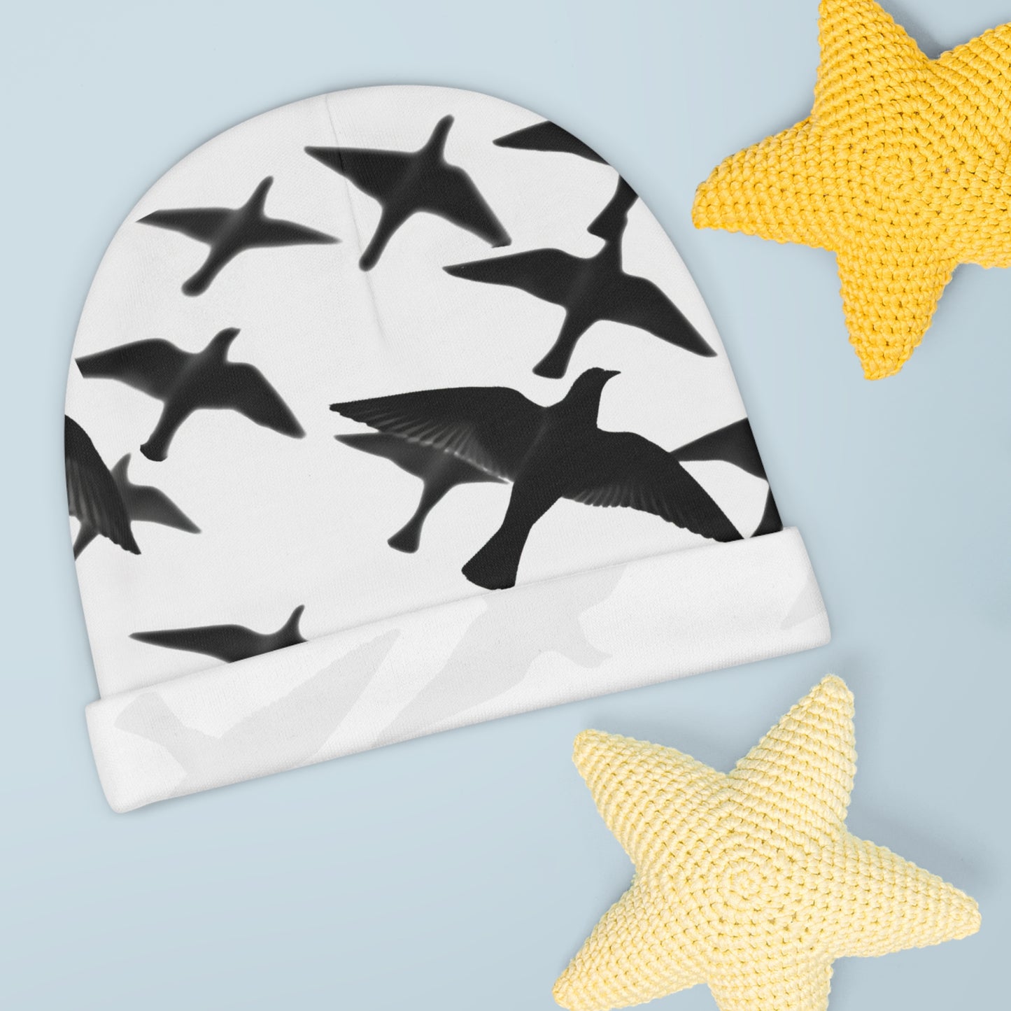 Smith & Raven | Flock of Seagulls Baby Beanie | White w/Black Birds