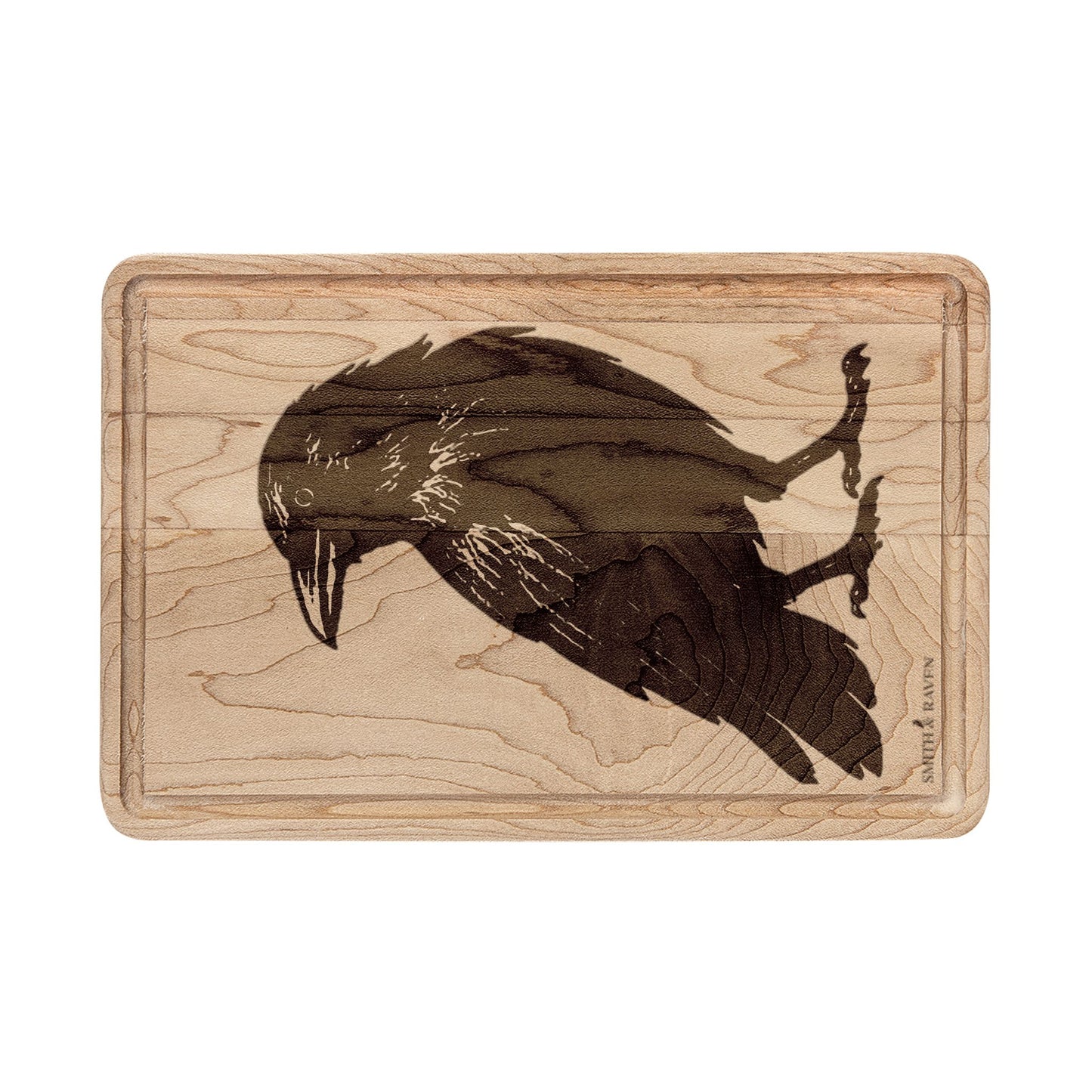 Raven Illustration Wooden Cutting Board | Engraved Serving Board | Minimalist Rustic Design | Housewarming Gift | Smith & Raven