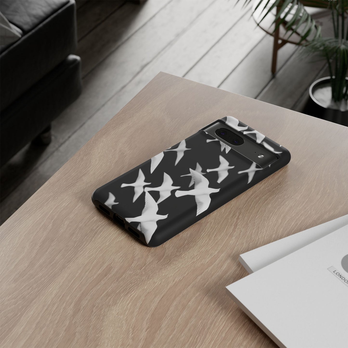 Smith & Raven | Flock of Seagulls Tough Case | Black w/White Bird Pattern | Phone Case