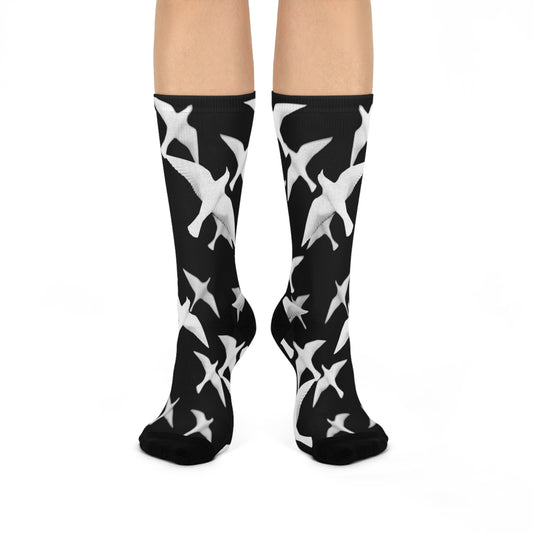 Smith & Raven | Flock of Seagulls Cushioned Crew Socks | Black w/White Bird Pattern